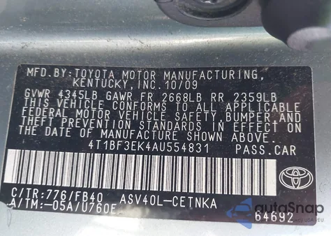 2010 Toyota Camry Le from USA, damaged, VIN 4T1BF3EK4AU554831